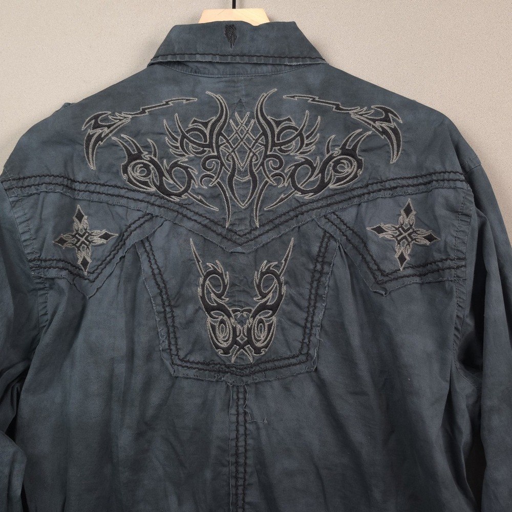 Roar Clothing Mirror Embroidered Western Shirt Y2K Affliction Style Blue Mens XL